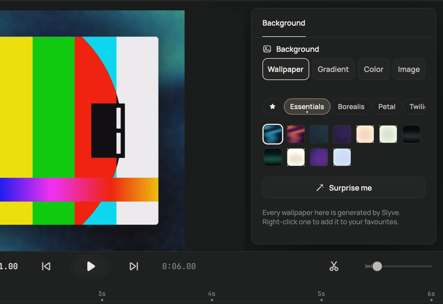 The Background inspector with wallpaper collections and a Surprise me button.