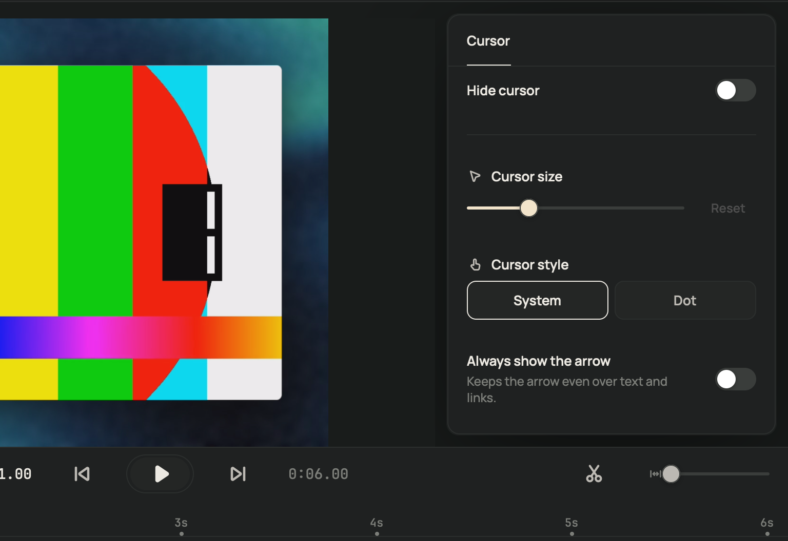 The Cursor inspector: hide cursor, cursor size slider, System or Dot style.