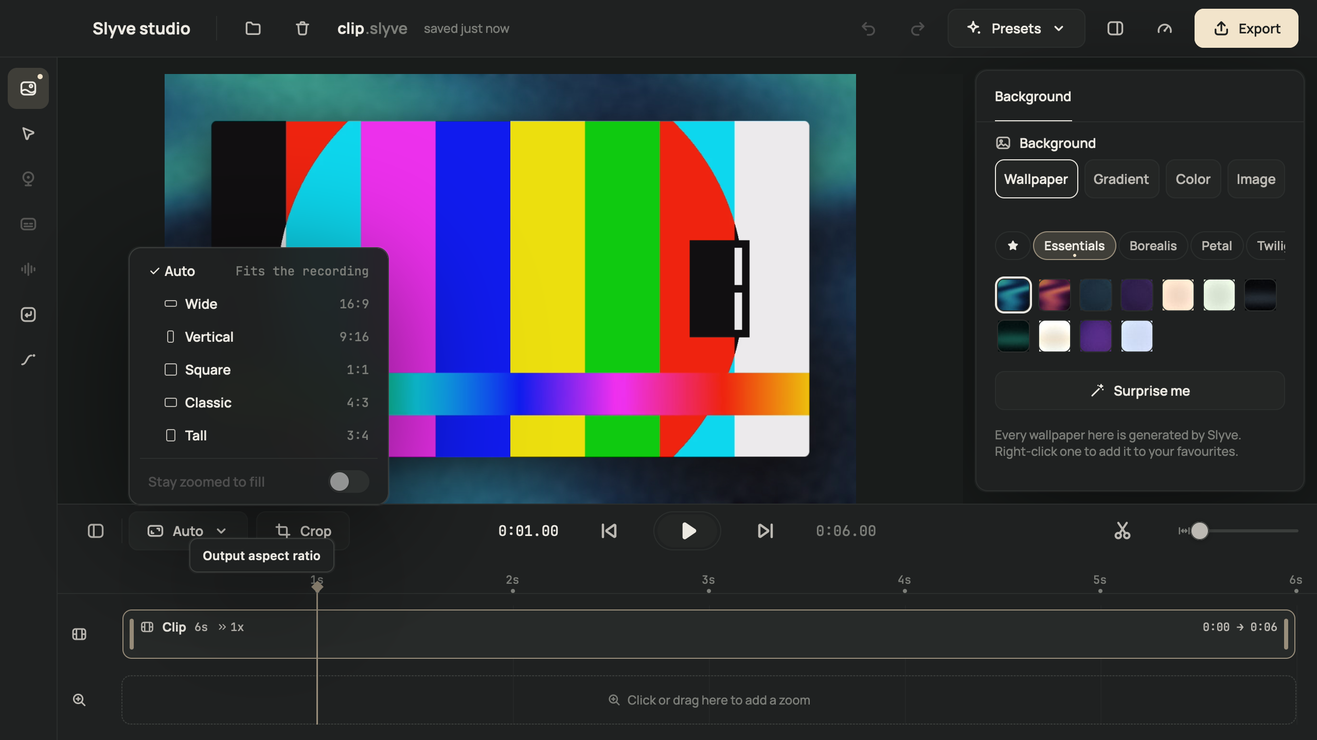 The editor with the aspect ratio menu open: Auto, Wide, Vertical, Square, Classic and Tall.