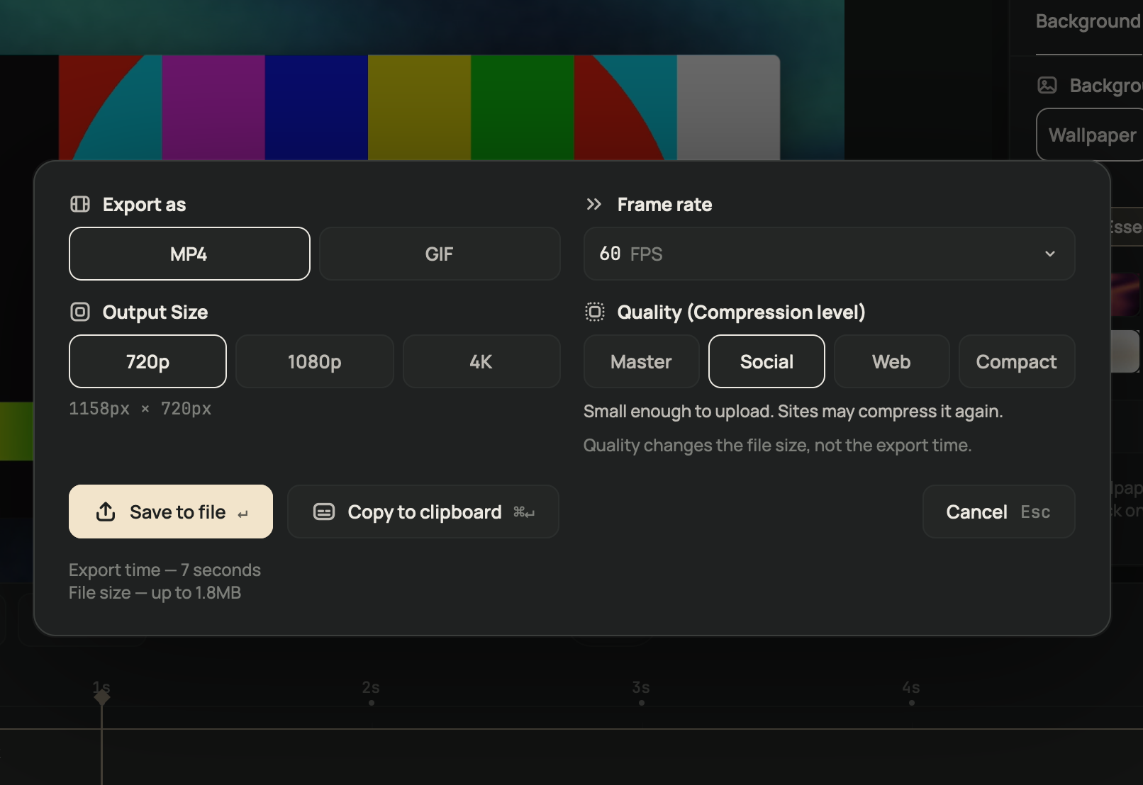 The export sheet: MP4 or GIF, frame rate, output size 720p, 1080p or 4K, and quality.