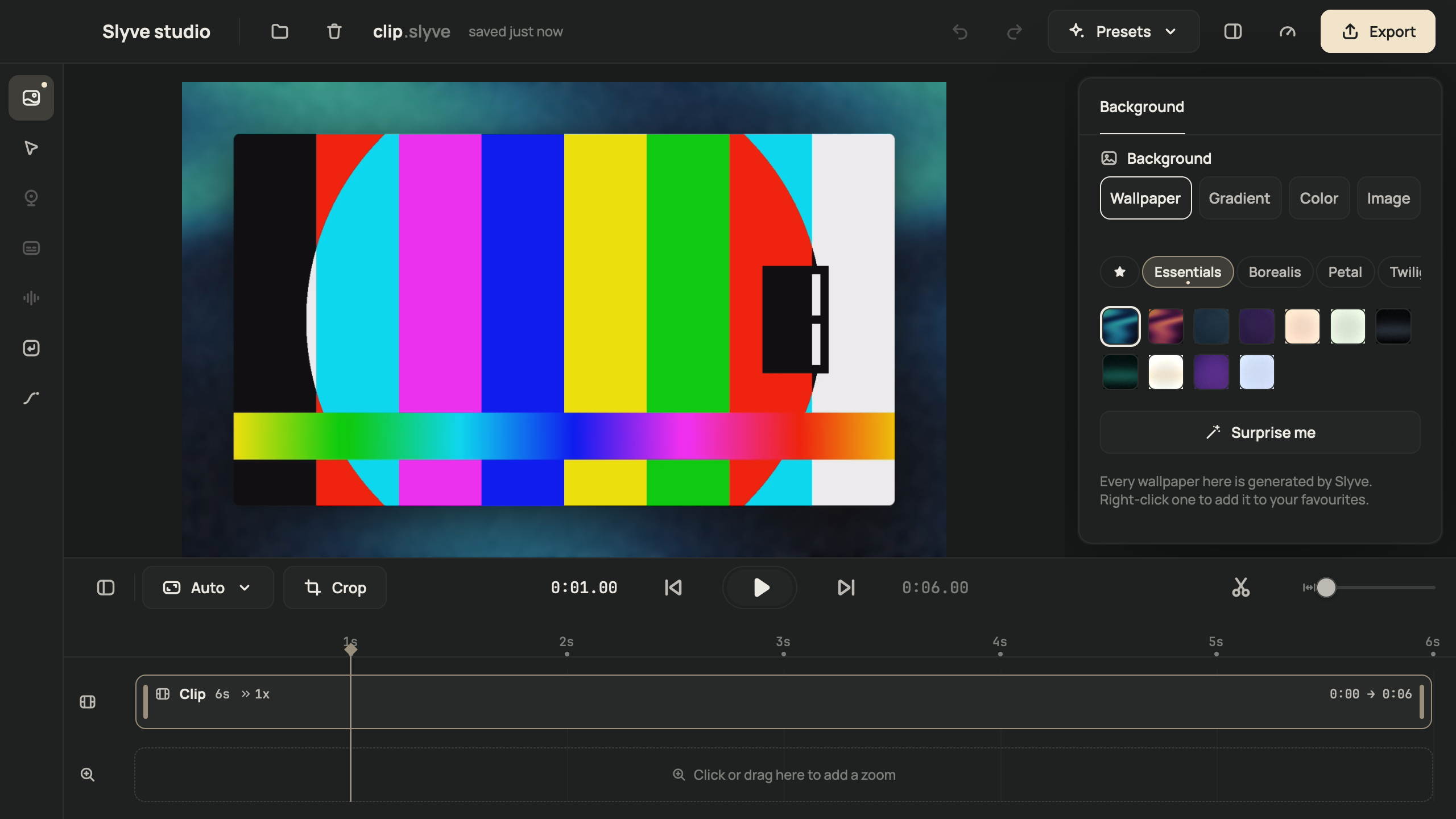 The Slyve Studio editor: a recording on a wallpaper background, the timeline below, the Background inspector on the right.