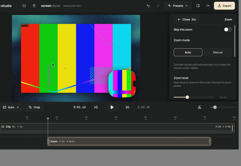 The Slyve Studio editor with the Zoom inspector open: zoom mode Auto or Manual and a zoom level slider.